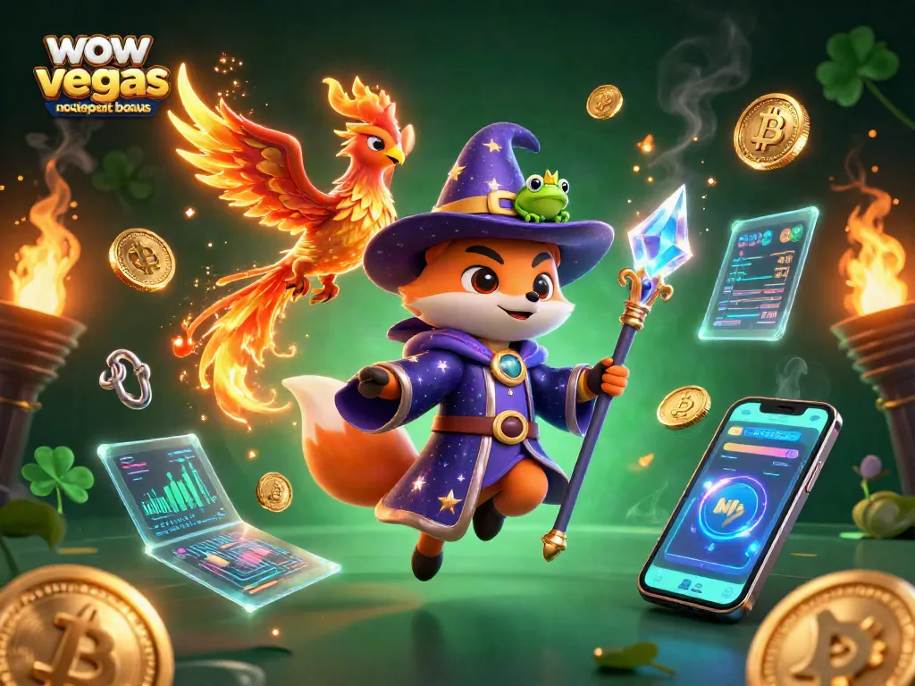Spin and win with the wow vegas no deposit bonus, featuring 3D wizard fox and phoenix in a vibrant casino scene.
