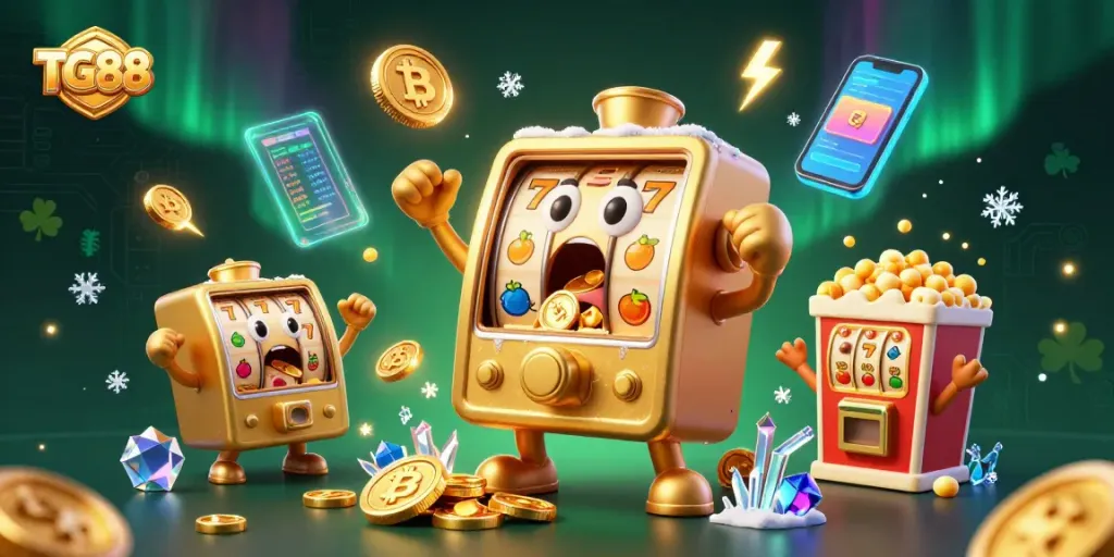 Win on TG88 with a vibrant 3D illustration showcasing a jubilant slot machine hitting a jackpot.