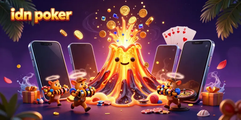 Experience the thrill of idn poker with a golden volcano showering treasures in a vibrant, dynamic scene.
