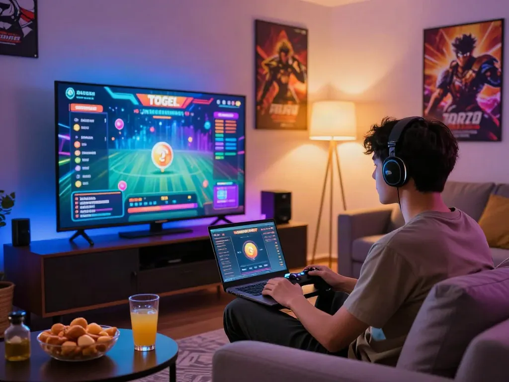 Situs hargatoto gaming setup with vibrant graphics and snacks in a cozy living room.