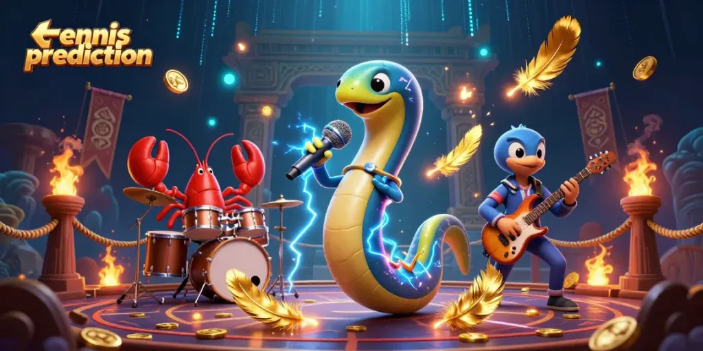 Tennis prediction artwork depicting electric eel DJ and aquatic band in vibrant underwater casino