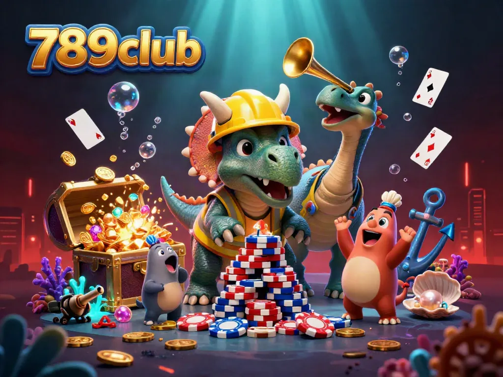 Engage in thrilling action at 789club, where a triceratops crafts poker chips amidst dazzling treasures.