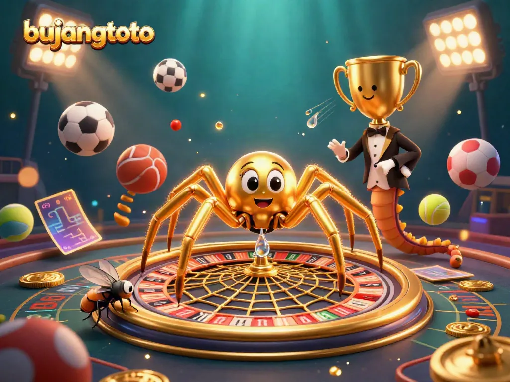Bujangtoto showcases intense betting action with a golden spider and centipede croupier in a vibrant 3D casino scene.