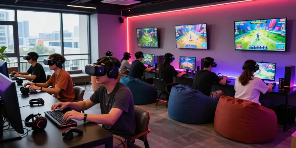 Users enjoying bigdewa login in a vibrant gaming lounge with VR and consoles.