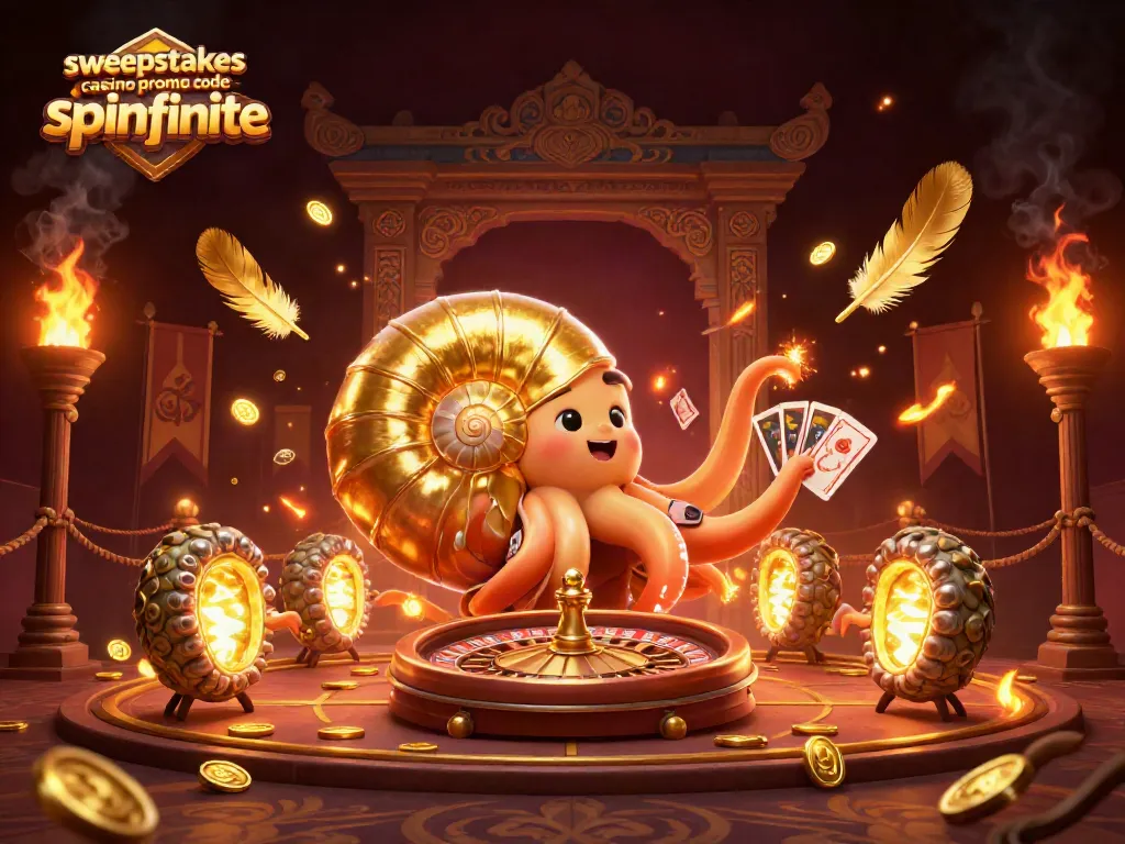 Engage with the sweepstakes casino promo code spinfinite in this dynamic 3D illustration of a nautilus roulette wheel and glowing fossil companions.