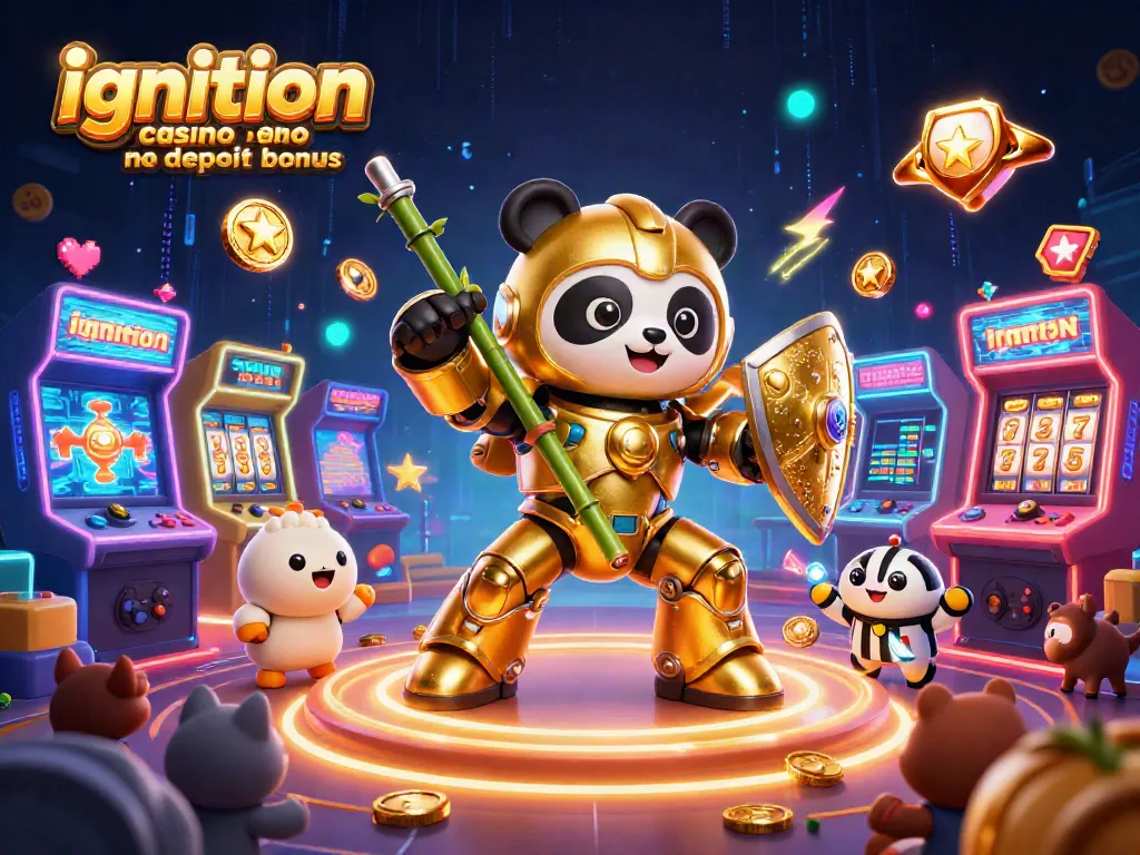 Engage with the ignition casino no deposit bonus illustration featuring an energetic panda piloting a gaming robot in a colorful casino.