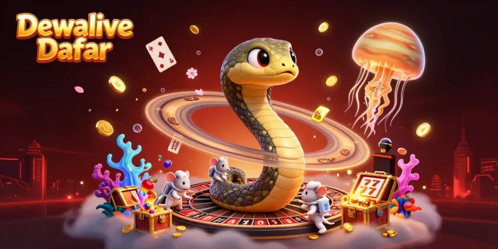 Dewalive Daftar showcases an exciting cosmic casino with a Saturn ring snake, astronaut mice, and a golden jellyfish dealer.
