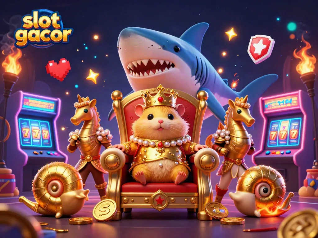 Play slot gacor with a dynamic 3D scene of a golden hamster king and casino elements