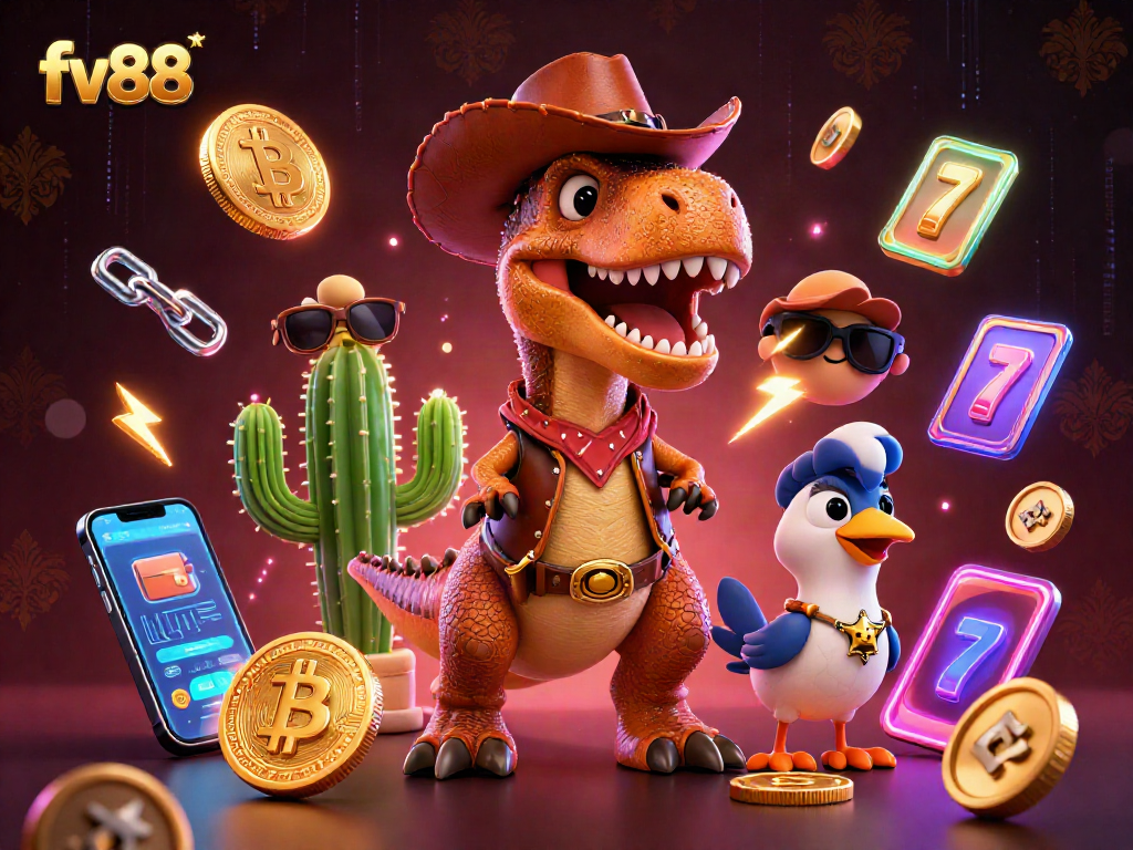 Engage in thrilling gameplay at fv88 with vibrant 3D characters and glowing casino elements.