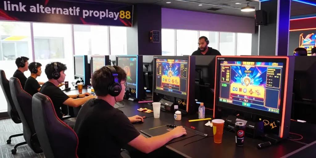 Engaged players in an online gaming competition featuring the link alternatif proplay88 amidst vibrant graphics and high-energy atmosphere.
