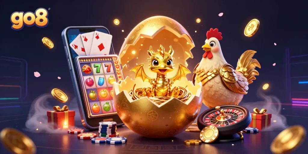 Engage with go8 slot game excitement featuring a golden dragon and dynamic casino elements.