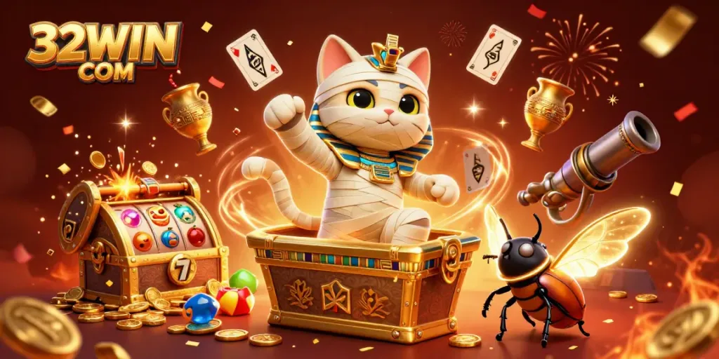 Experience the excitement of 32WIN COM with casino-themed characters and vibrant game elements.