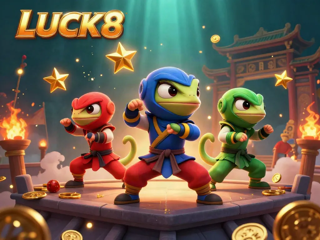 LUCK8 showcases three ninja chameleons in martial arts poses amid swirling casino elements and dynamic visuals.