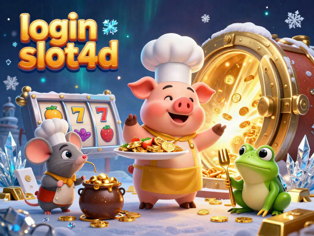 Winning at login slot4d with an ultra-detailed 3D casino scene featuring characters and gold treasures.