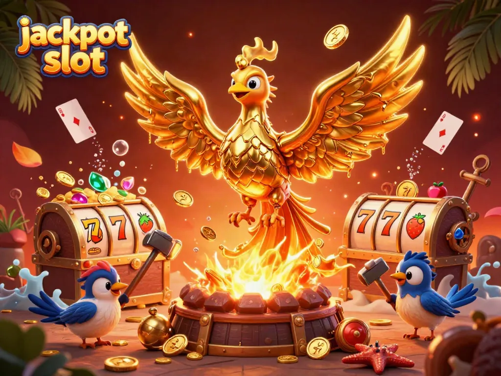 Experience the thrill of jackpot slot with a molten phoenix surrounded by glowing treasures and symbols.