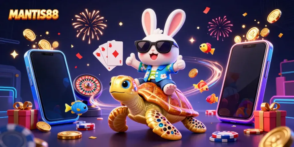 MANTIS88 showcases a lucky rabbit and a golden turtle amidst casino elements, celebrating wins.