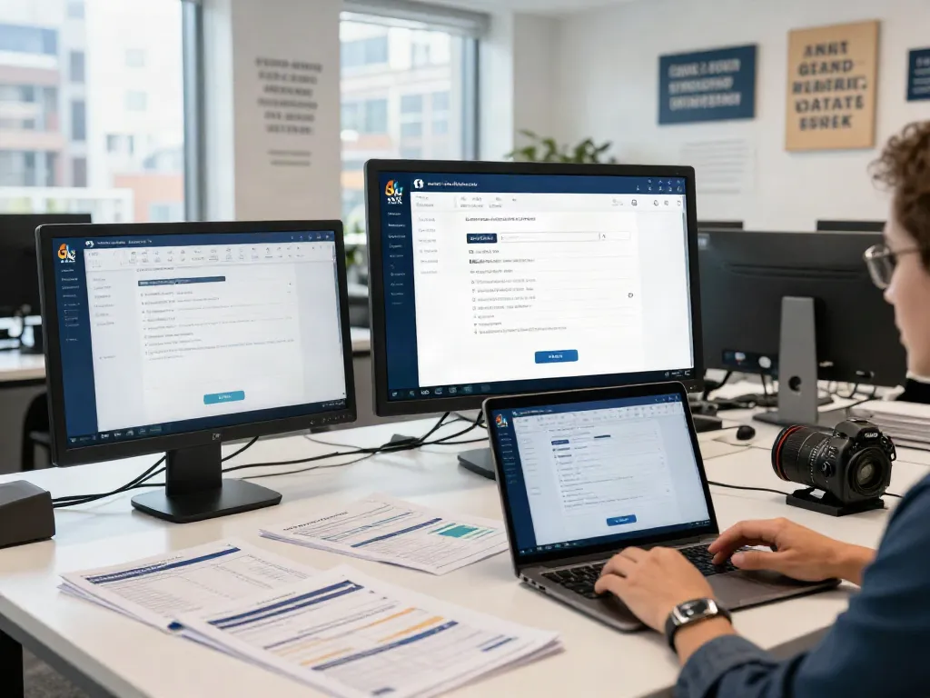 Branded professional tax software interface on desktop in a vibrant office setting.