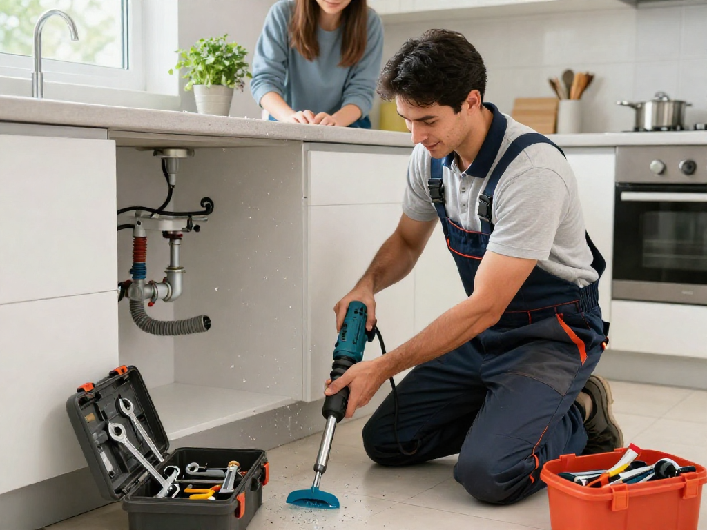 Drain cleaning Fort Worth service in action with plumber clearing a kitchen drain.