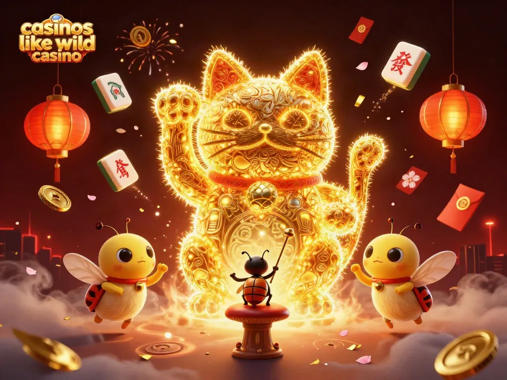 Experience the excitement of casinos like wild casino with dazzling visuals of a lucky cat, fireflies, and casino symbols.