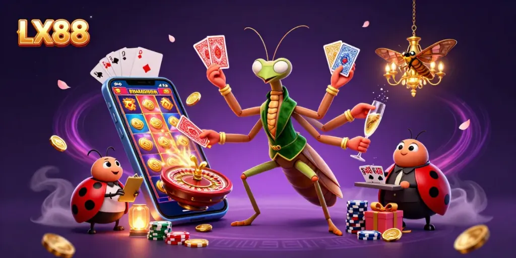 Experience LX88 in an engaging casino scene featuring a cartoon mantis card sharp and ladybug pit boss.