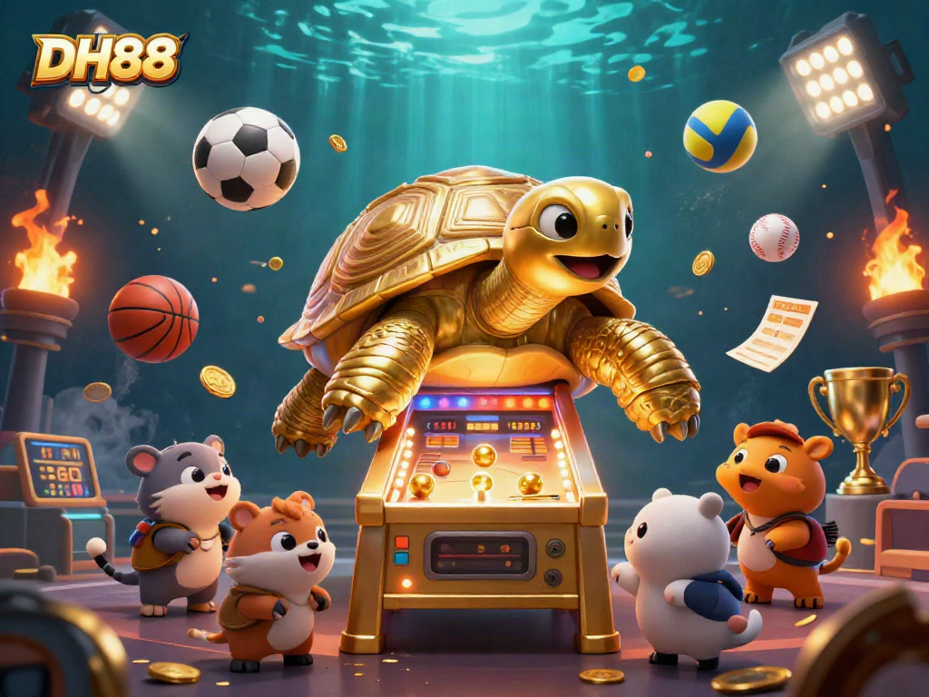 Engage with DH88's dynamic gaming scene featuring a giant tortoise pinball machine and vibrant sports elements.