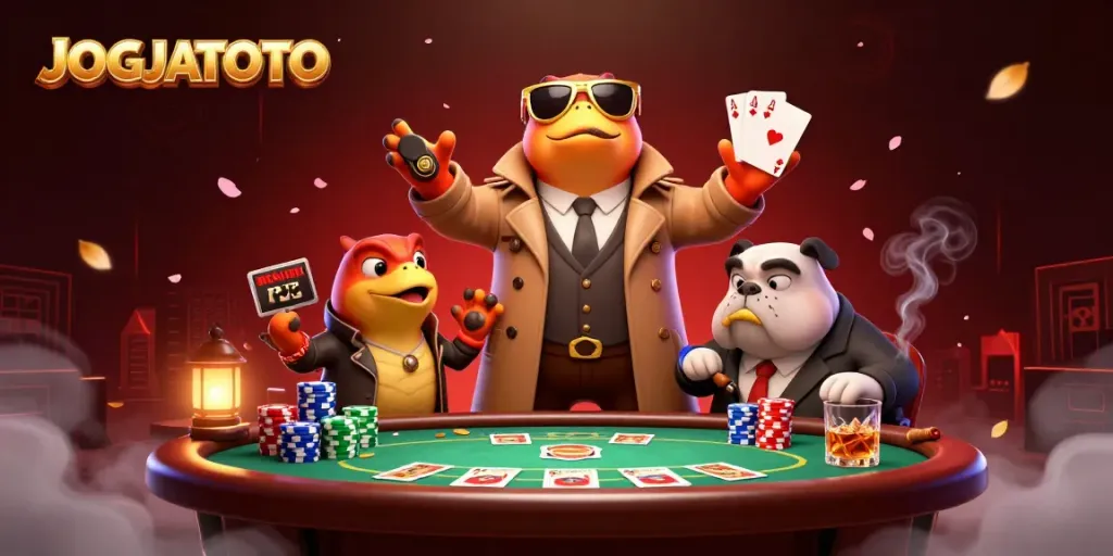 Experience JOGJATOTO thrills as playful raptors enter a vibrant VIP casino lounge.