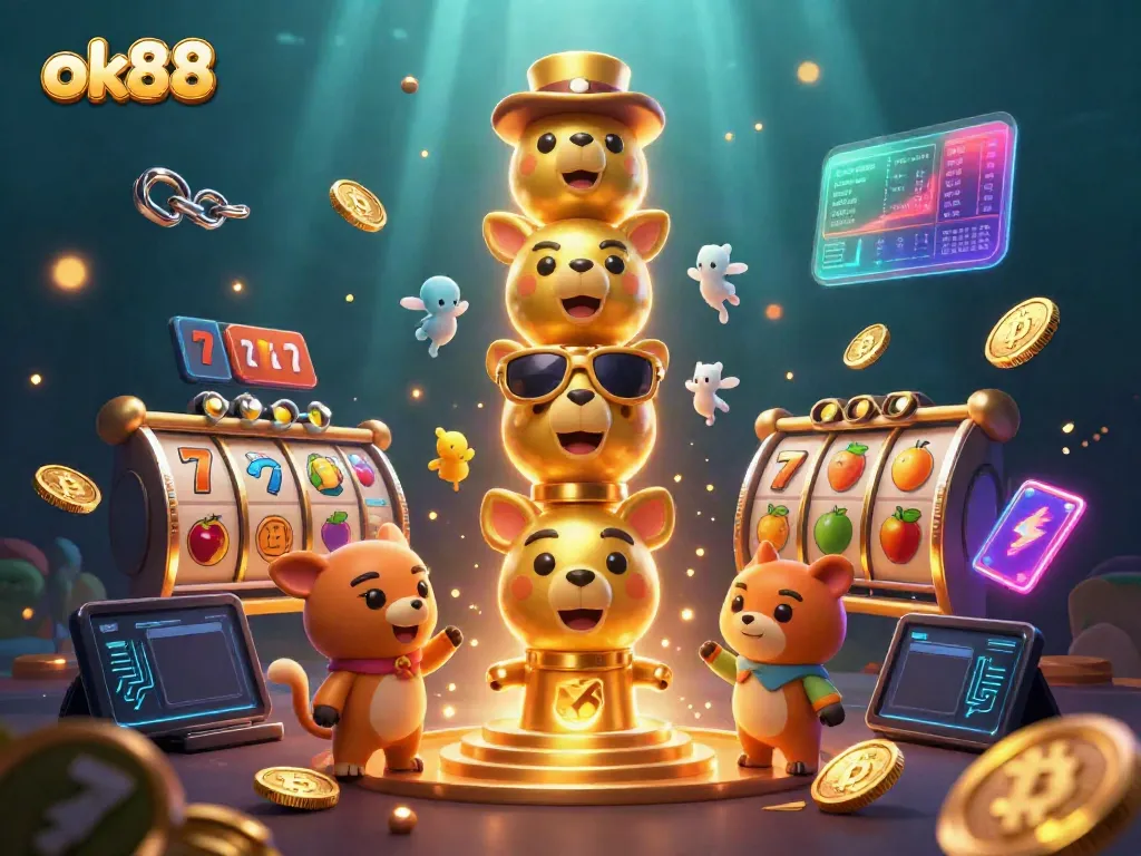 Engaging illustration showcasing ok88 casino with vibrant slot elements and animated characters.
