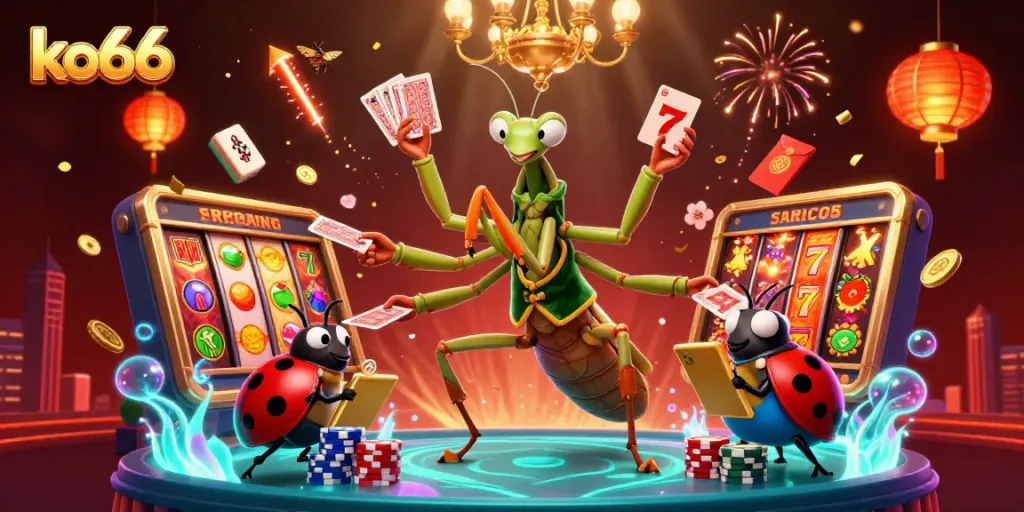 Experience the thrill at KO66 with a vibrant 3D casino scene featuring luck and games.