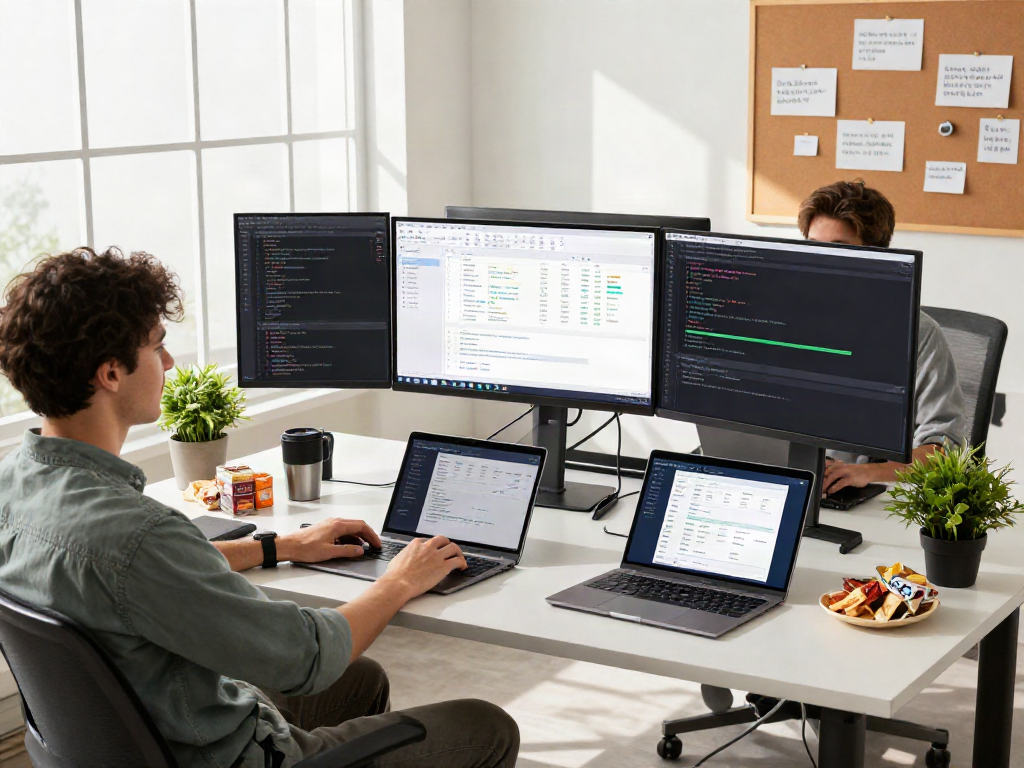Tim pengembang perangkat lunak bekerja dengan Server PG di kantor modern yang cerah.