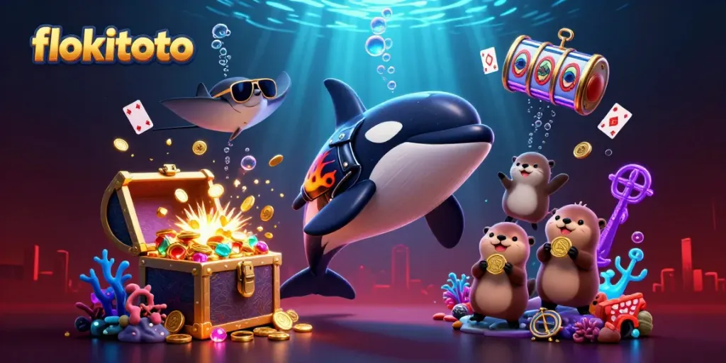 Experience the excitement with flokitoto as an orca, stingray, and otters celebrate underwater treasures.