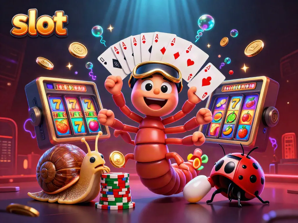 Experience the thrilling world of slot machines with a vibrant casino scene featuring colorful slot reels and animated characters.