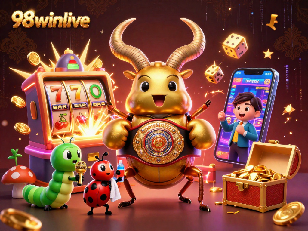 Engage with 98winlive's vibrant casino scene featuring a golden stag beetle, characters, and jackpot excitement.