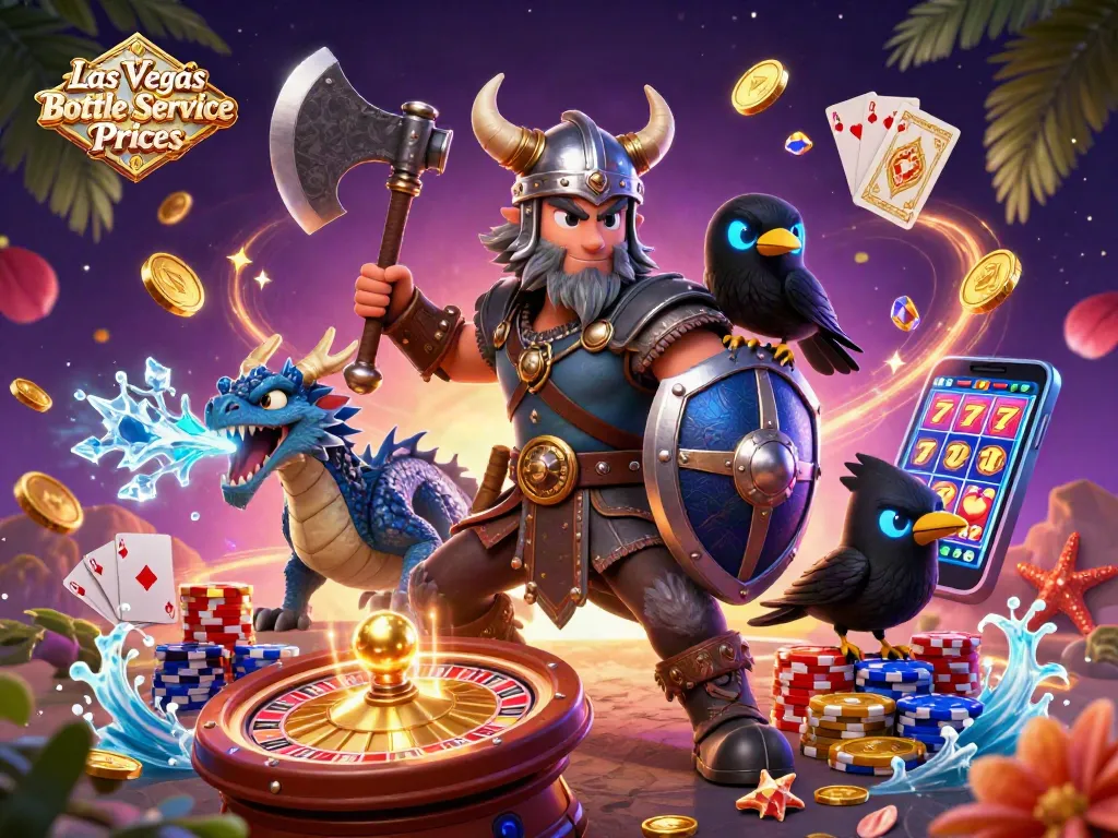 Experience Las Vegas Bottle Service Prices with a dynamic scene of a Viking wolf warrior, dragon, and raven amid casino elements.
