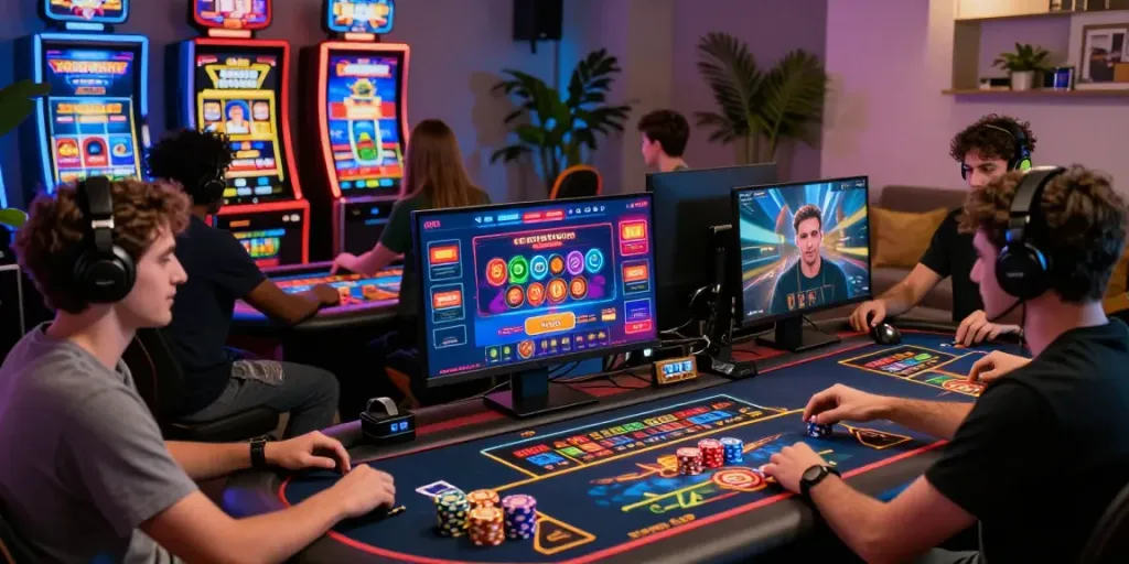 Diverse players enjoying the qqmacan online gambling experience in a vibrant virtual casino.