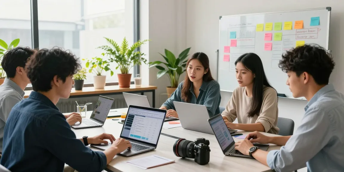 Purchase app downloads strategy session in a modern co-working space with professionals collaborating.