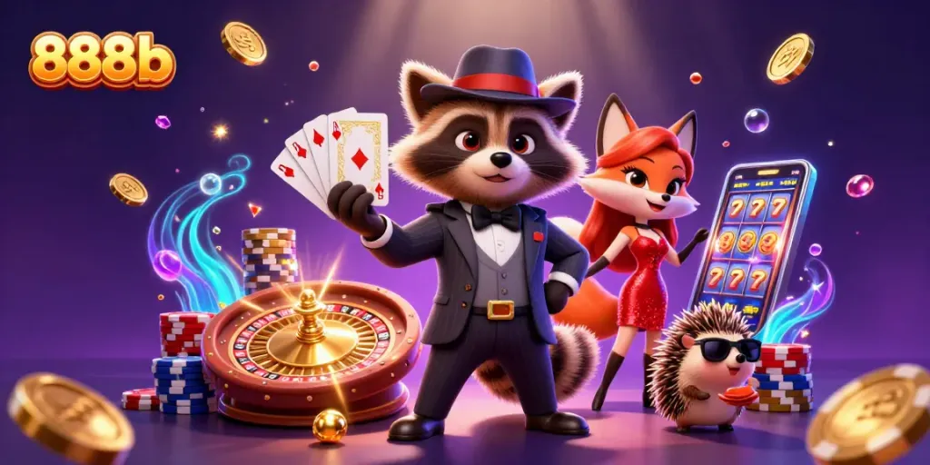Experience the excitement of 888b gambling with a raccoon holding a royal flush among sparkling casino gems.
