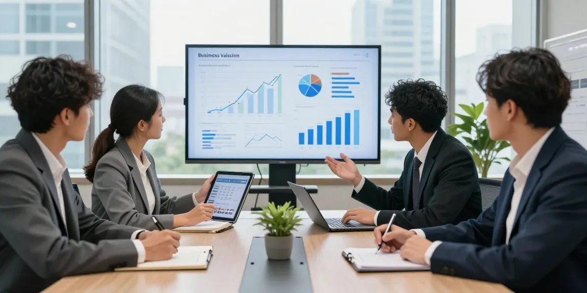 Business professionals discussing strategies using a business valuation calculator in a modern office meeting.