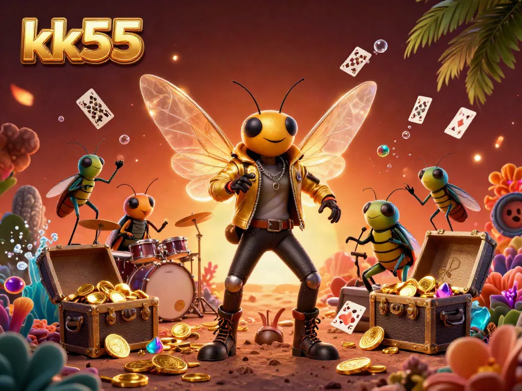 Witness the captivating kk55 casino world with cartoon characters celebrating amidst gold coins and vibrant underwater treasures.