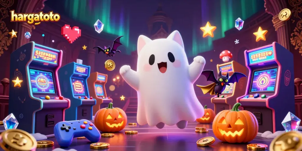 Engage with hargatoto's lively 3D casino scene featuring a ghost cat, vibrant arcade elements, and glowing jack-o-lanterns.