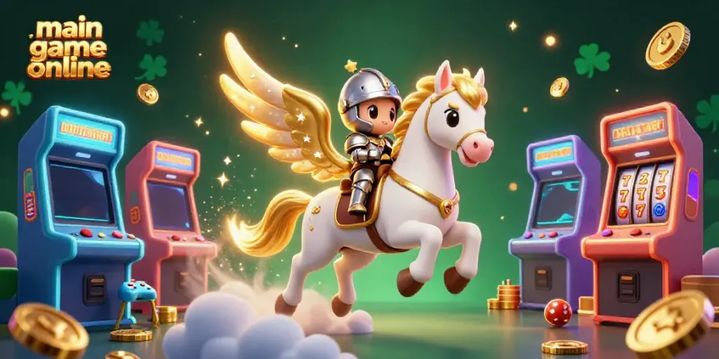 Engage in exciting main game online visuals with a knight on a celestial horse amidst vibrant casino elements.