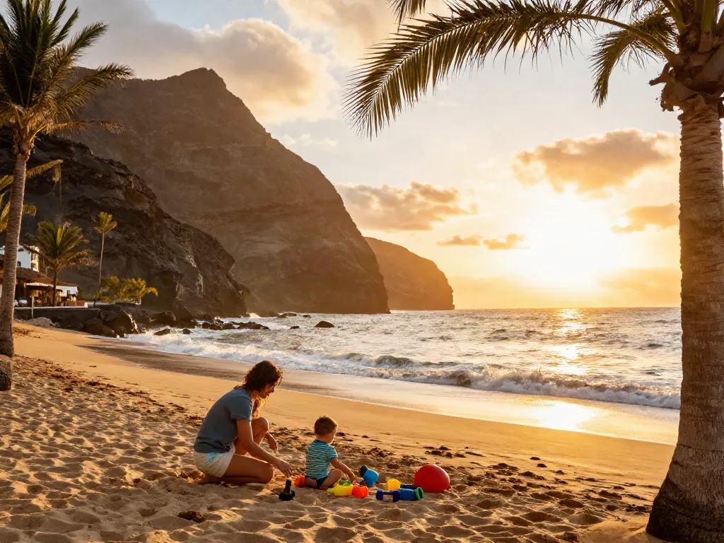 Tenerife Forum family enjoying a sunset beach moment with toddler and colorful toys
