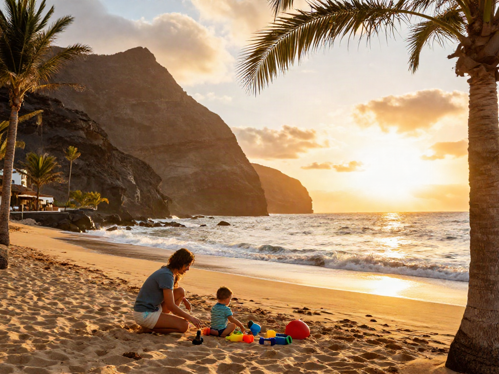 Tenerife Forum family enjoying a sunset beach moment with toddler and colorful toys