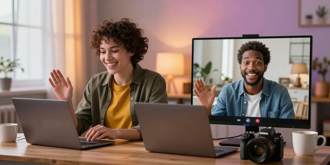 Engaging pink video chat experience with real people connecting face-to-face online.