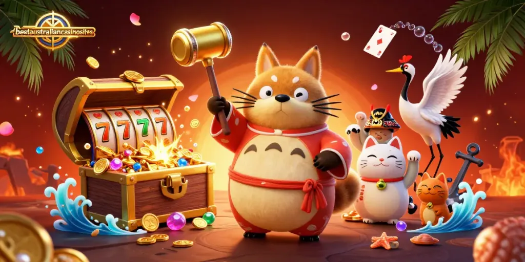 Engage with the vibrant world of real money casinos at bestaustraliancasinosites with cheerful tanuki and lucky symbols.