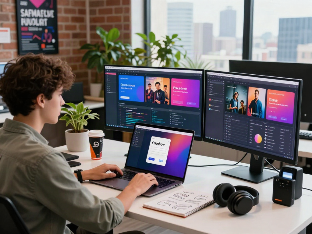Developer using Pikashow software in modern streaming workspace.