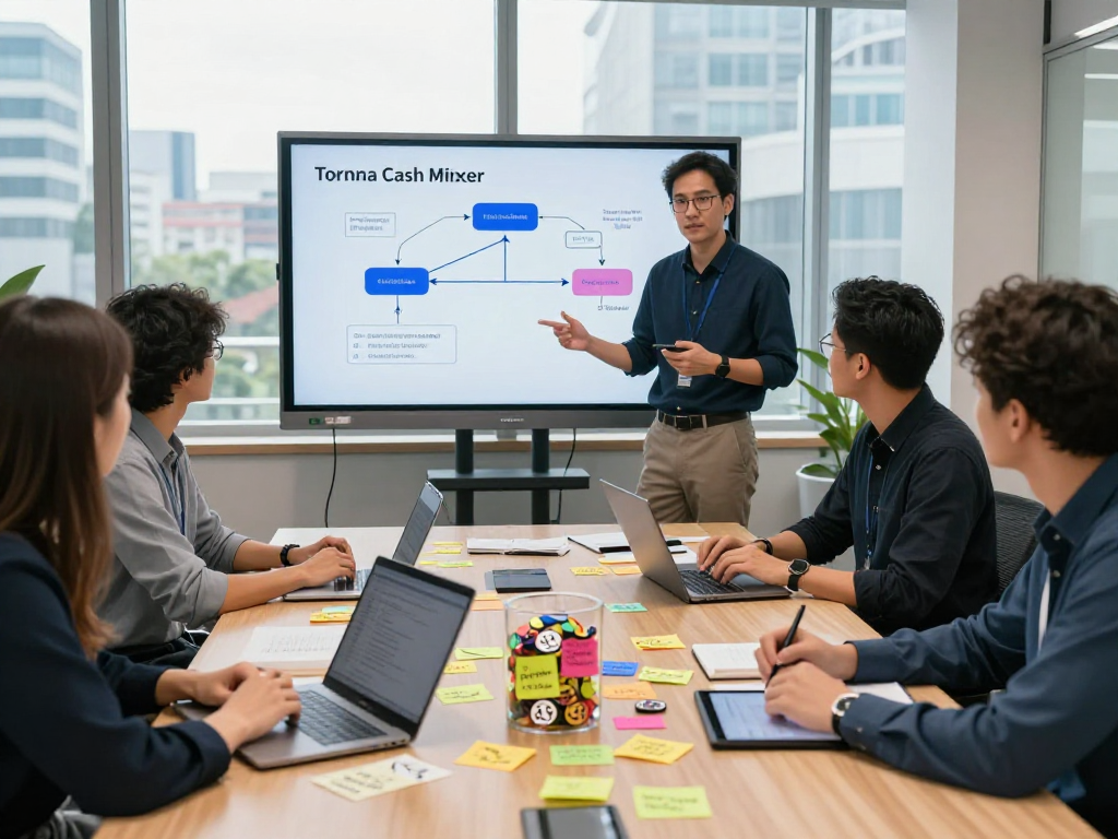 Tornardocash team discussing the innovative Tornado Cash mixer technology in a collaborative workspace with financial privacy concepts.
