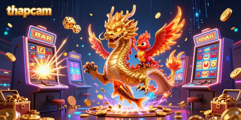 Engage with thapcam's thrilling casino action featuring a dragon, phoenix, and koi fish in a vibrant scene.
