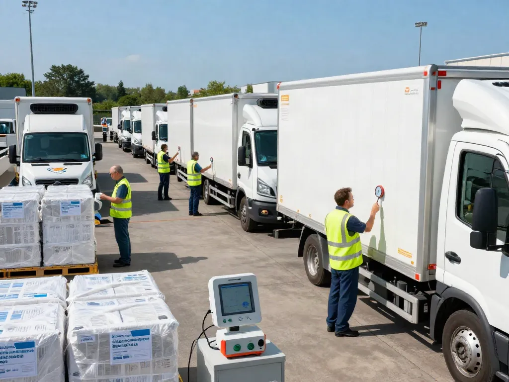 Kühltransport Deutschland: moderne Kühlfahrzeuge in einem Logistikzentrum mit Temperaturkontrollen und Fachpersonal.