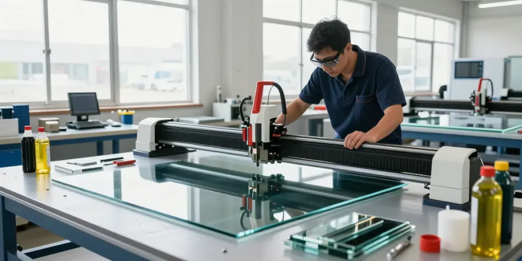 Glass cutting machine manufacturer demonstrating safe glass cutting techniques in a modern workshop