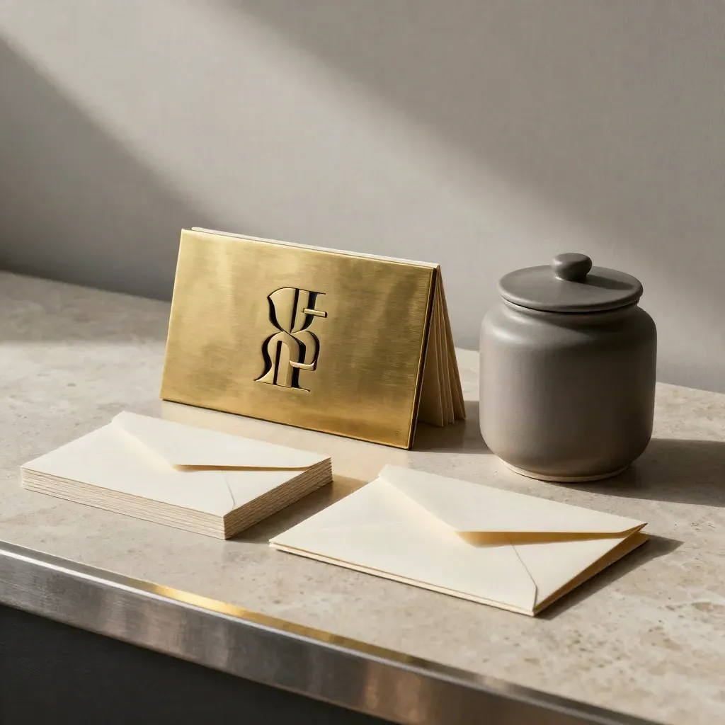Brass plaque, stacked cards, envelope mockups and ceramic sample jar on a studio bench.